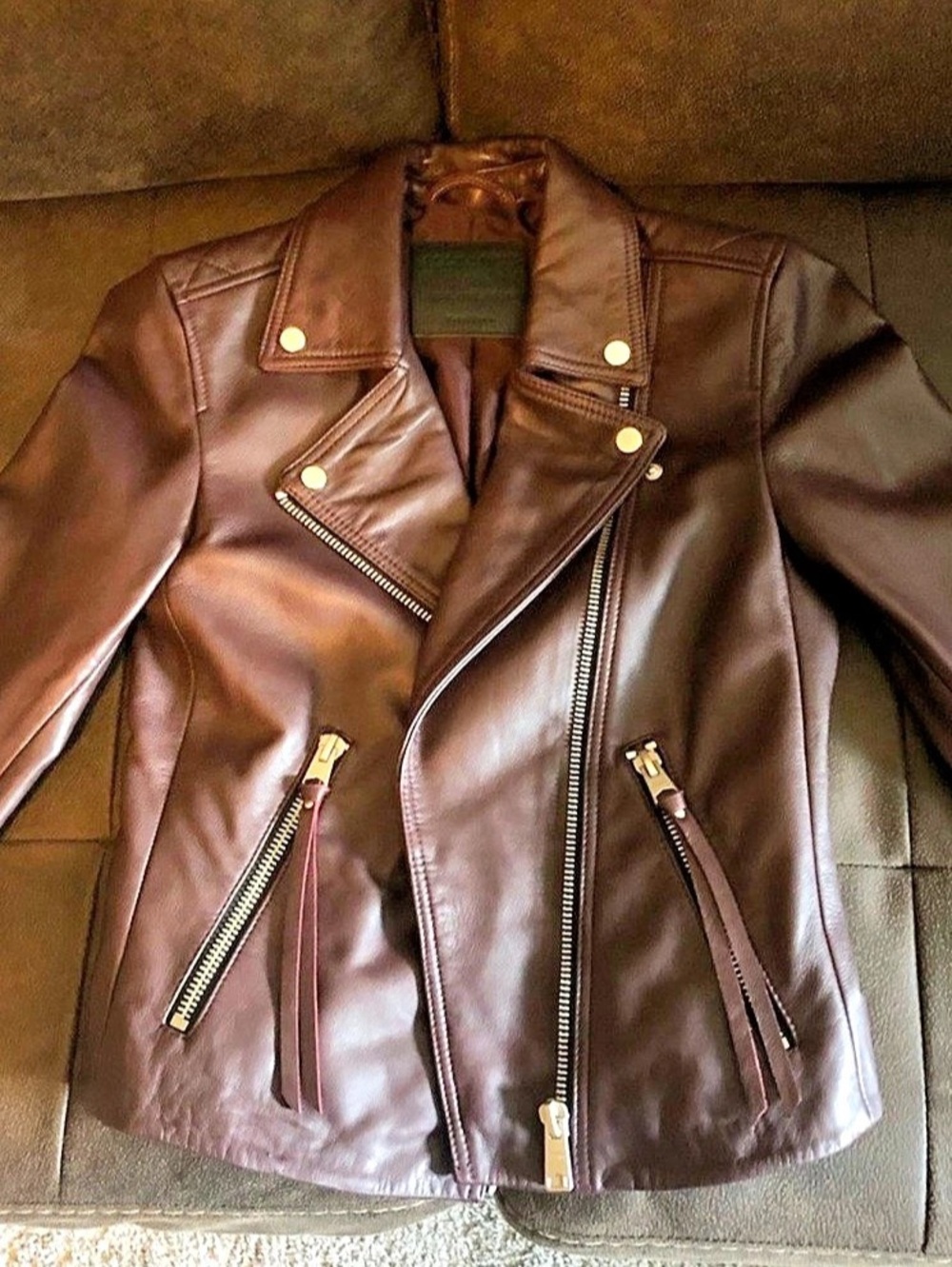 AllSaints Cargo Leather Biker Jacket maroon US 2